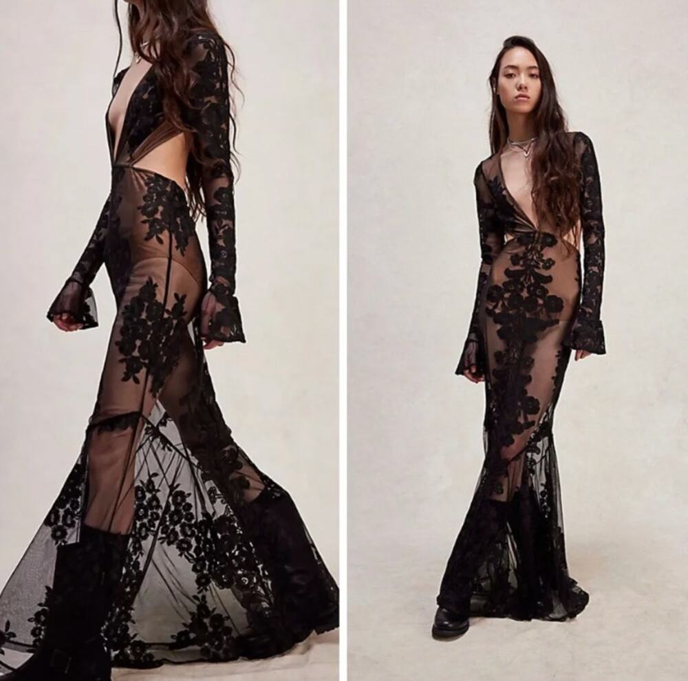 NWT for Love & Lemons Temecula Cutout Black Lace Maxi Dress Size Medium